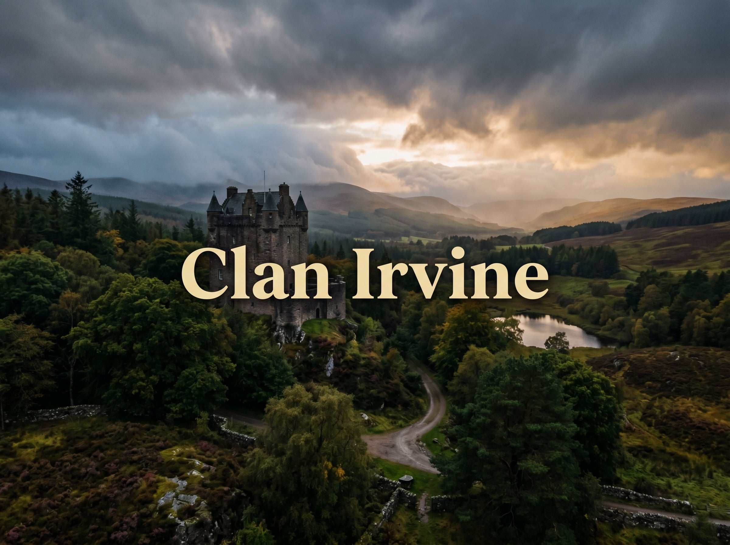 Clan Irvine Scottish heritage banner — ancient tower house castle surrounded by woodland in a misty Aberdeenshire landscape, with the text Clan Irvine centred in the image