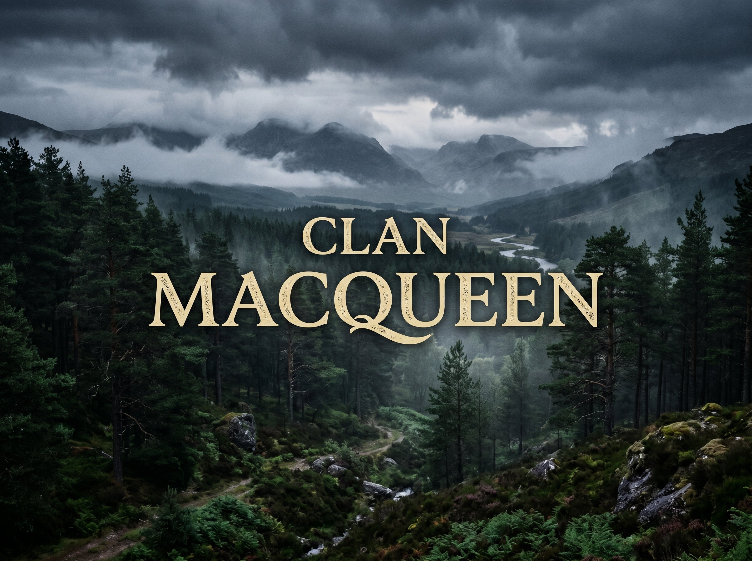 Clan MacQueen Scottish heritage banner — ancient Highland pine forest under a dramatic stormy sky