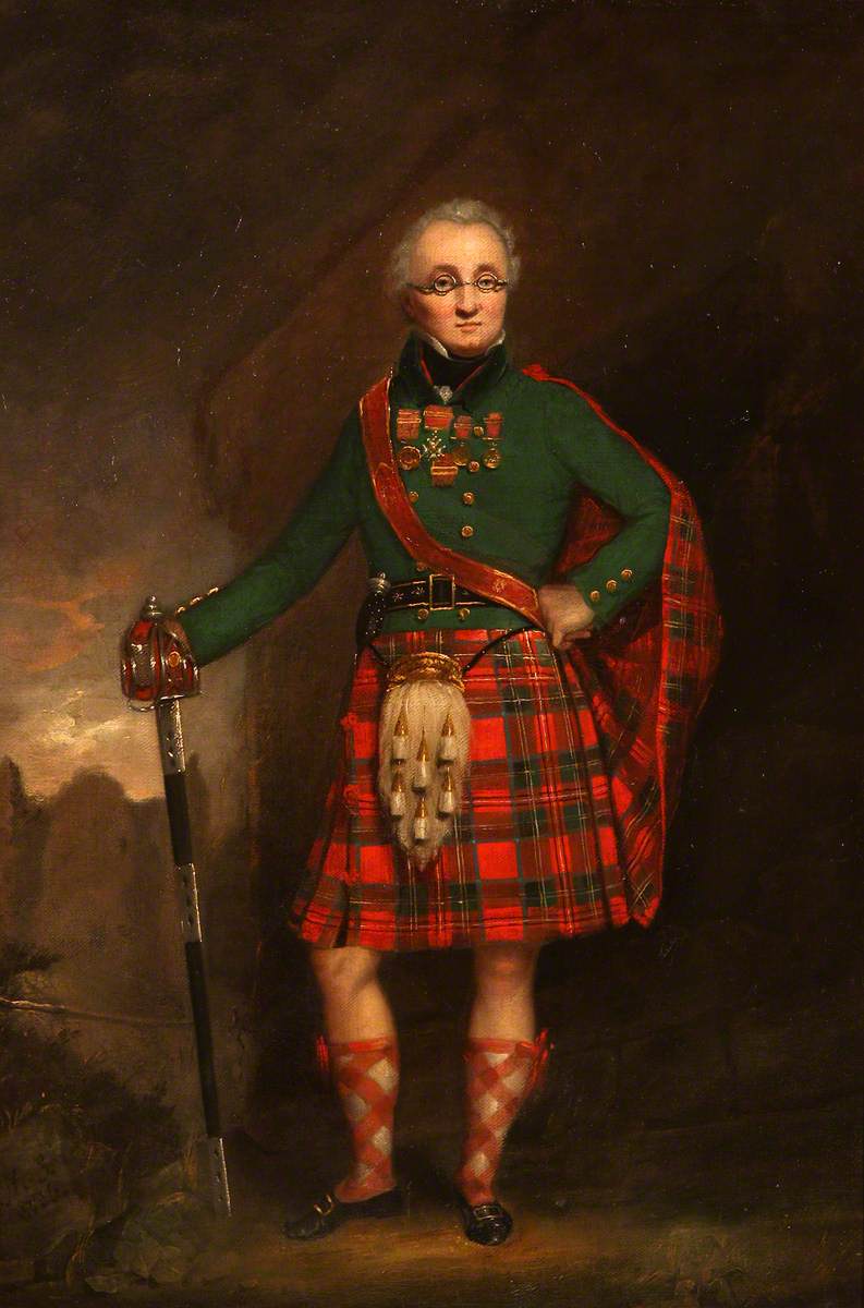 David Stewart of Garth in Highland dress c.1820, wearing a tartan in the Royal Stewart tradition — the same period that formalised the clan tartan system and made Royal Stewart the personal tartan of the British monarch