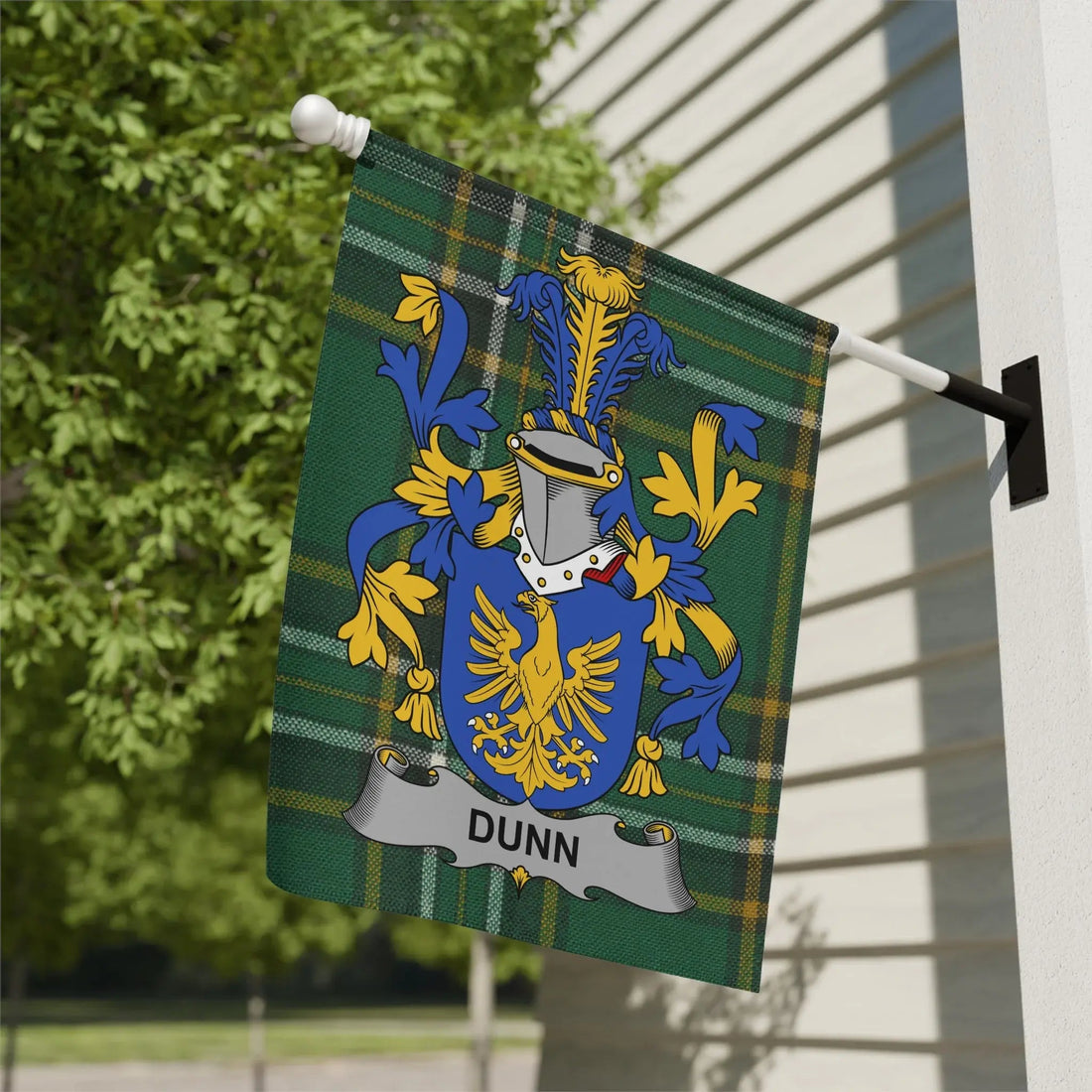 Dunne family gifts - Dunn family crest garden flag on Irish national tartan, Seven Septs of Laois heritage gift collection