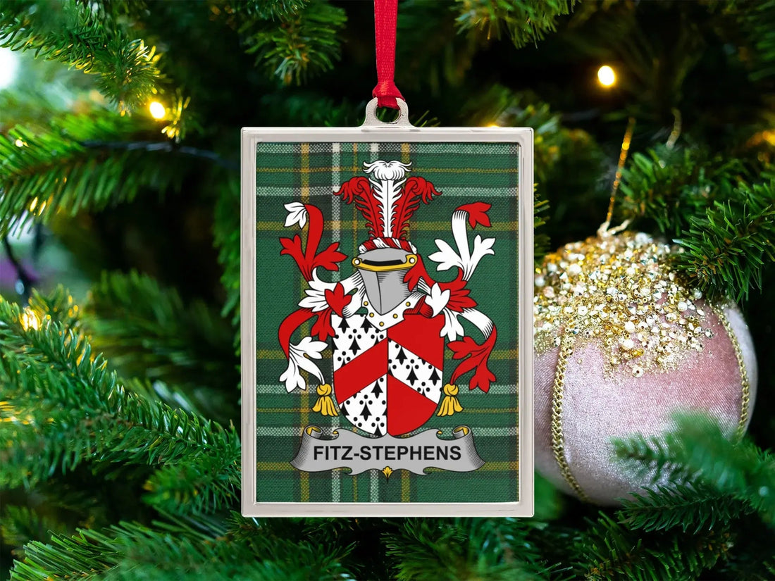 Fitz-Stephens Irish family crest ornament displayed over an Irish national tartan background