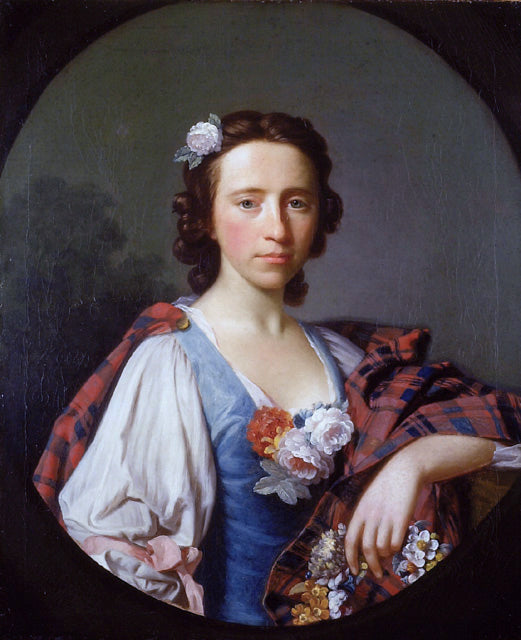1749 portrait of Flora MacDonald by Allan Ramsay, wearing tartan and a white Jacobite rose in her hair.