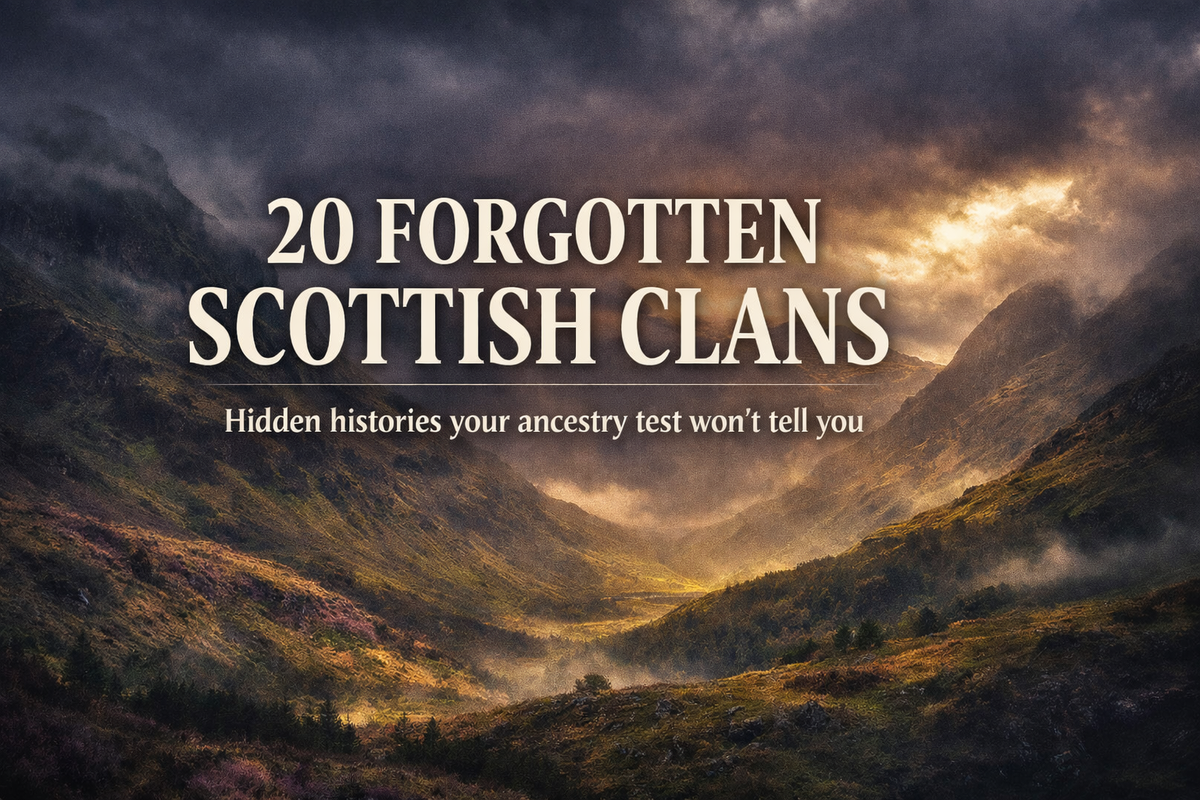 Scottish Highland landscape with misty mountains and dramatic golden light, featuring the title “20 Forgotten Scottish Clans” and the subtitle “Hidden histories your ancestry test won’t tell you.”