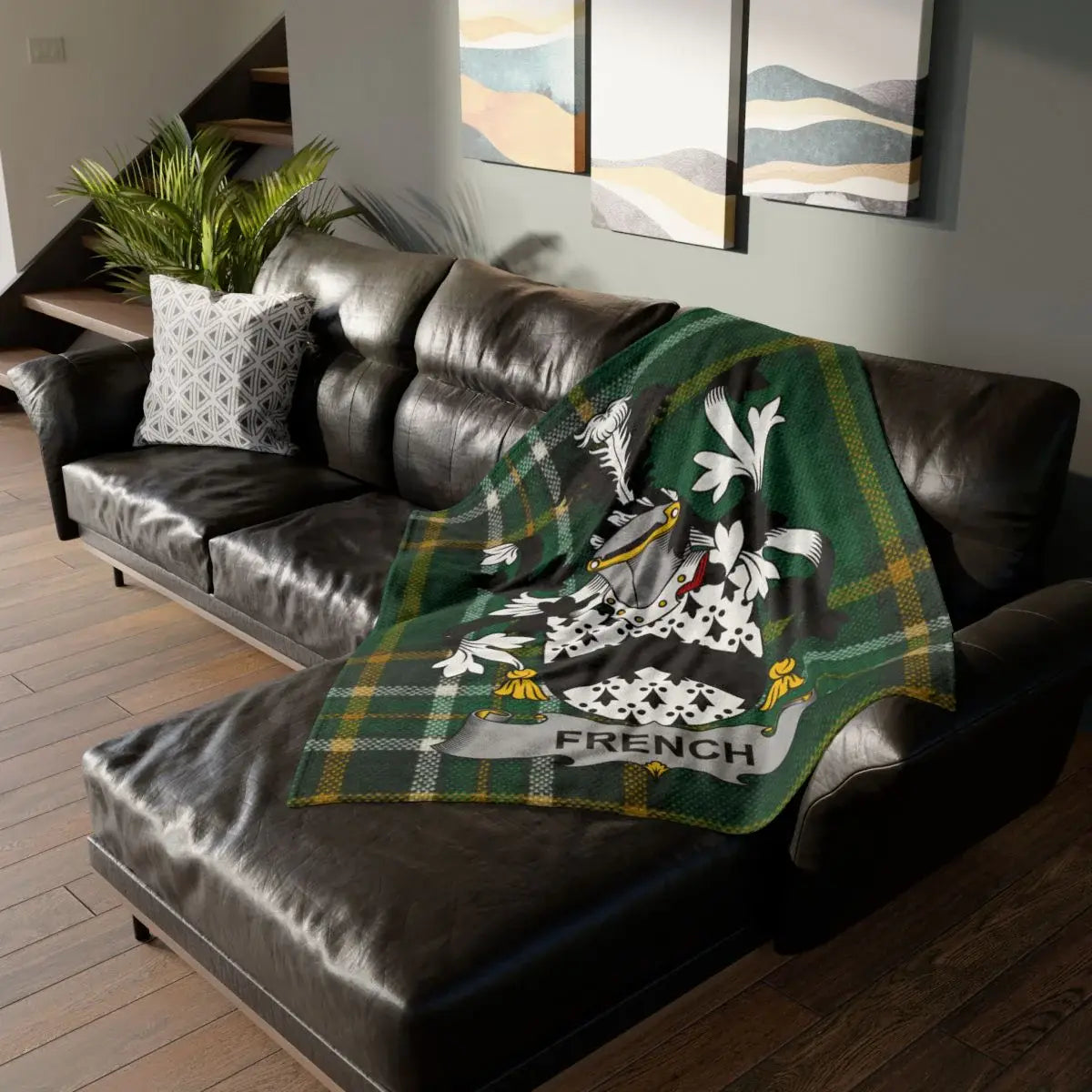 French family woven blanket with a family crest on Irish tartan, celebrating French Tribes of Galway heritage