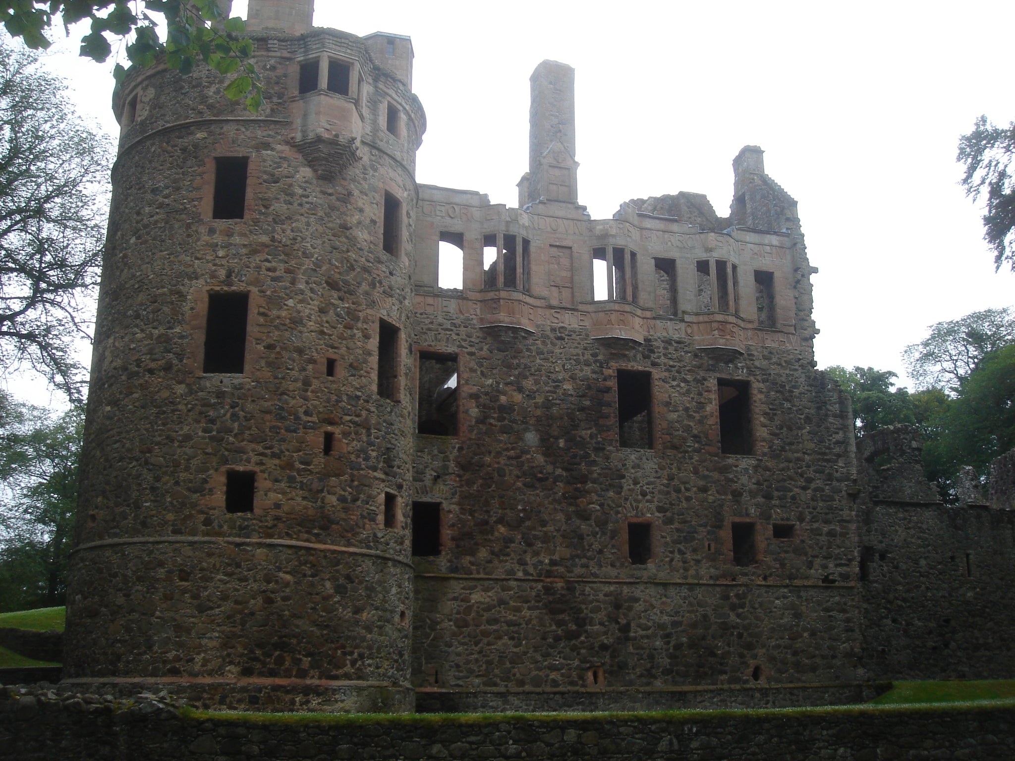 Huntly Castle in Aberdeenshire, the magnificent Renaissance ruin that was the principal seat of Clan Gordon for centuries, showing the ornate heraldic stonework of the Gordon earls who dominated the north-east of Scotland as the Cock o' the North