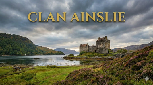 Atmospheric Scottish landscape with a castle and mountains, featuring the text 'CLAN AINSLIE' for a heritage blog post.