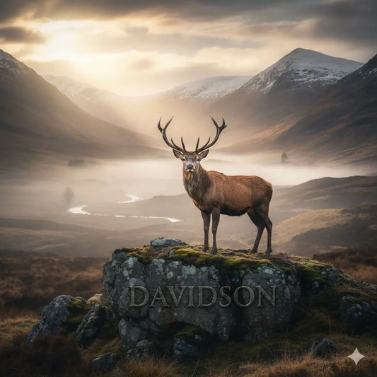 A cinematic view of a stag standing on a rocky Highland outcrop with a misty valley in the background and the word DAVIDSON integrated into the stone.