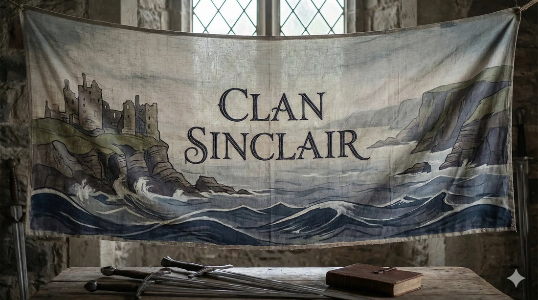 Clan Sinclair history banner featuring Scottish coastal cliffs and traditional heritage typography