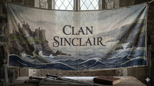 Clan Sinclair history banner featuring Scottish coastal cliffs and traditional heritage typography