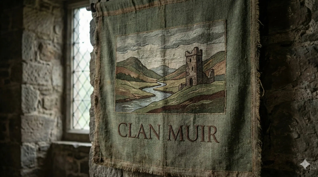 Clan Muir history banner featuring Scottish moorland landscape and traditional heritage typography