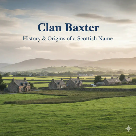 A serene Lowland Scottish landscape with rolling green fields and traditional stone cottages under a soft, cloudy sky. Centered elegant blue serif typography reads "Clan Baxter: History & Origins of a Scottish Name."
