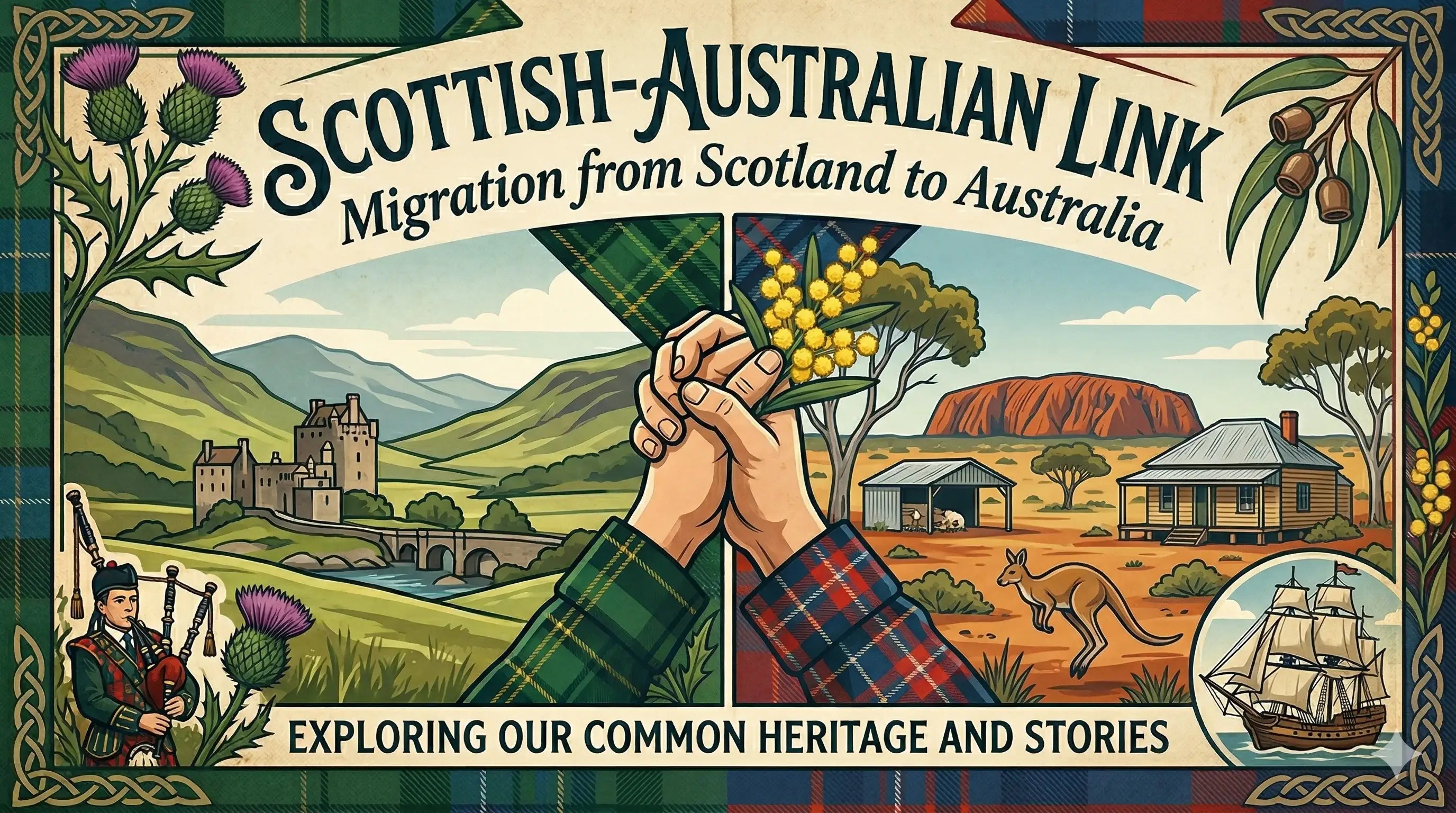 A vintage-style illustrative banner titled 'Scottish-Australian Link: Migration from Scotland to Australia', featuring a split landscape of Scotland and Australia with central, intertwined hands and a border of tartans and floral emblems.