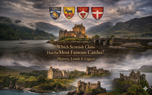 A misty Scottish landscape featuring several famous castles and four clan crests (Campbell, MacLeod, Fraser, Sinclair) with the title: "Which Scottish Clans Had the Most Famous Castles?"