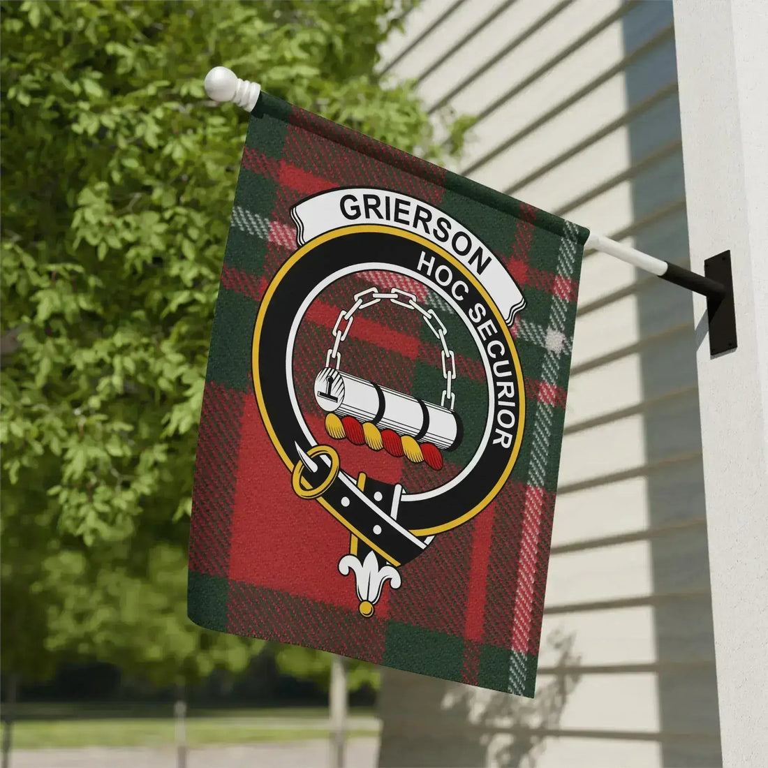 Grierson family crest tartan garden flag, a Dumfriesshire Scottish heritage gift
