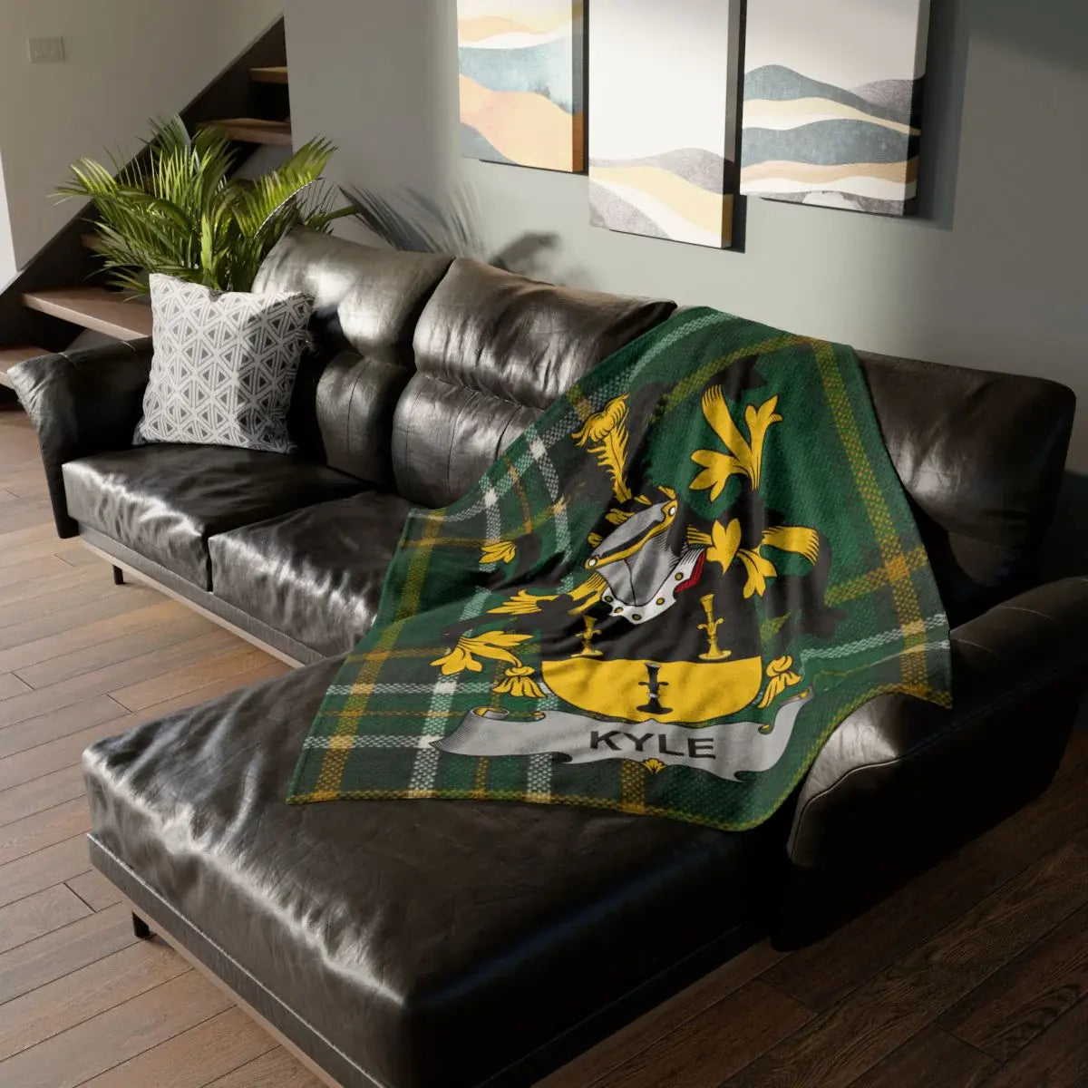 Kyle Irish heritage woven blanket with family crest and tartan, celebrating the Ulster-Scots family name of Scottish origin
