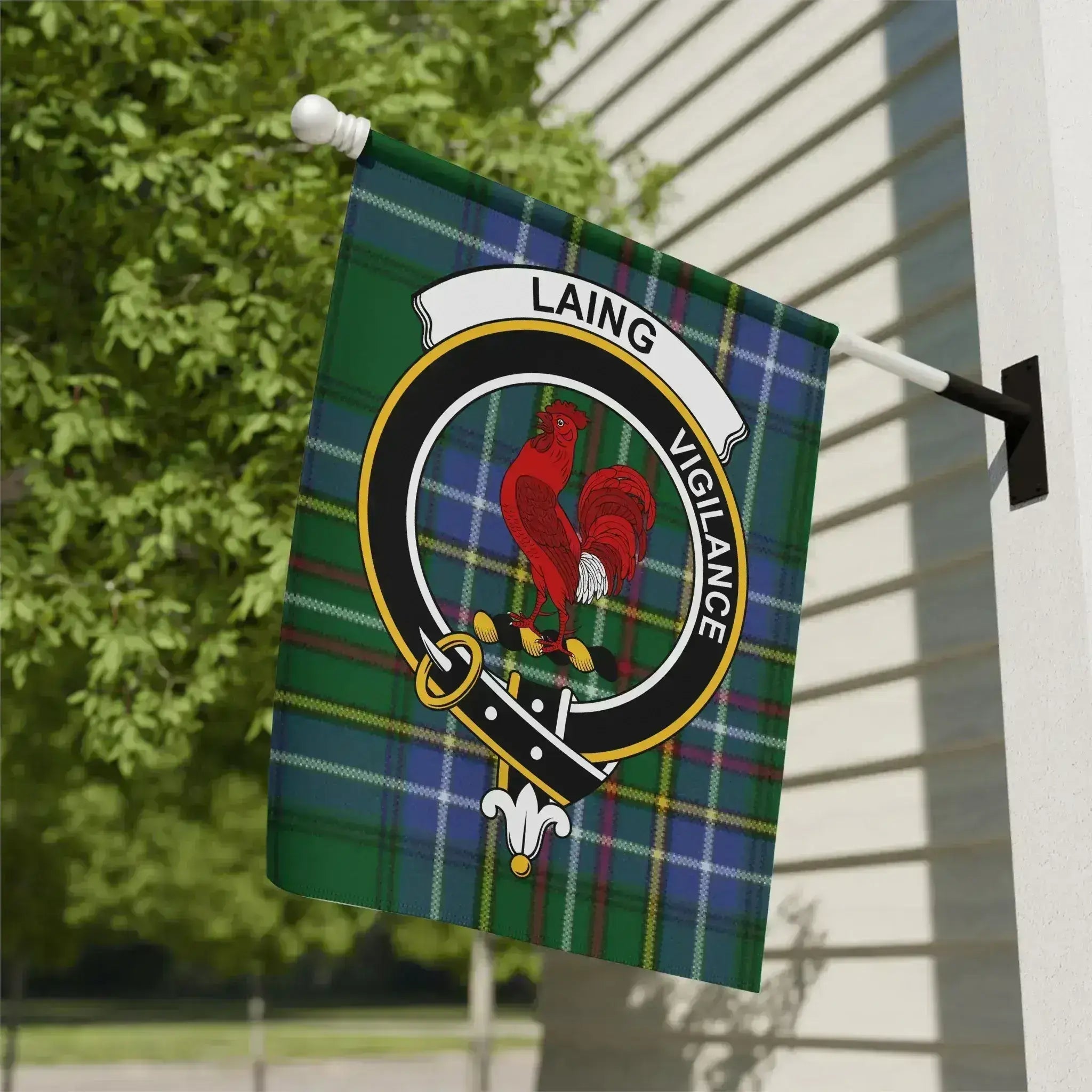 Laing family crest tartan garden flag, a Scottish heritage gift