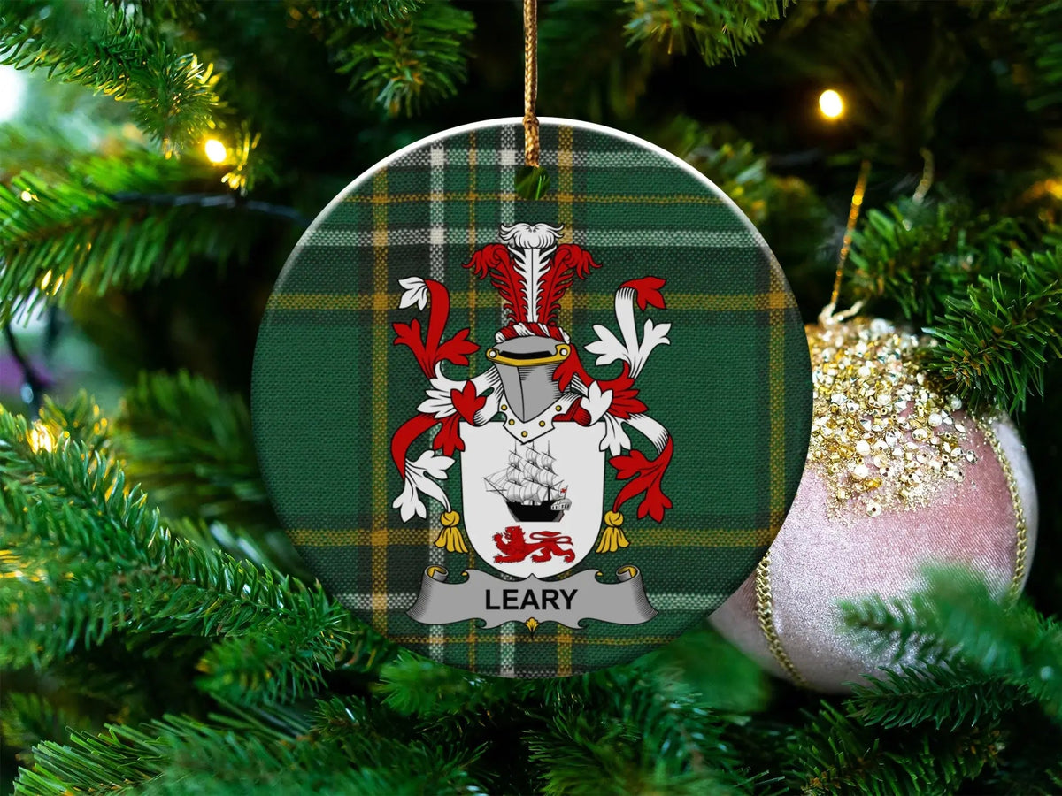 Leary Irish family crest ceramic ornament celebrating the Gaelic O Laoghaire sept of County Cork