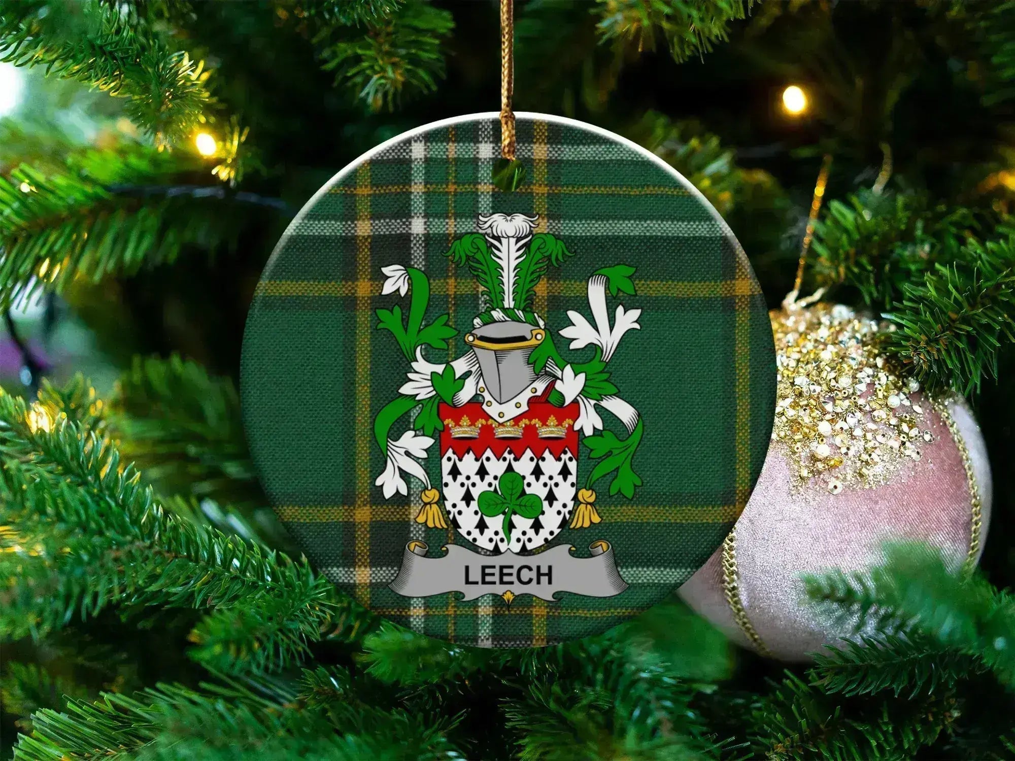 Leech Irish family crest ceramic ornament celebrating the occupational physician name in Ireland