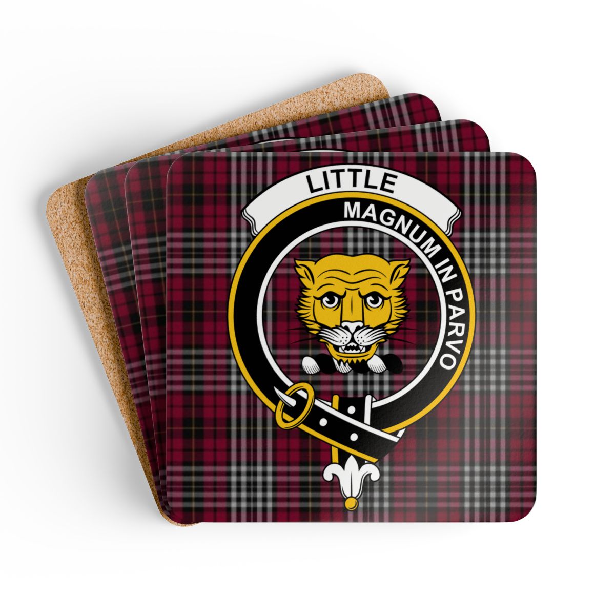 Clan Little tartan coaster set — celebrating the history, motto Magnum in Parvo, and Dumfriesshire origins of the Little family of Scotland