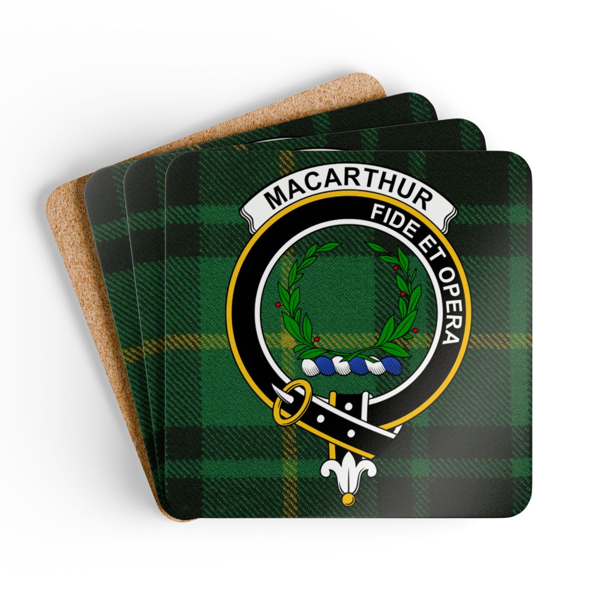 Clan MacArthur tartan coaster set — celebrating the history, motto Fide et Opera, and ancient Argyll origins of the MacArthur family of Loch Awe