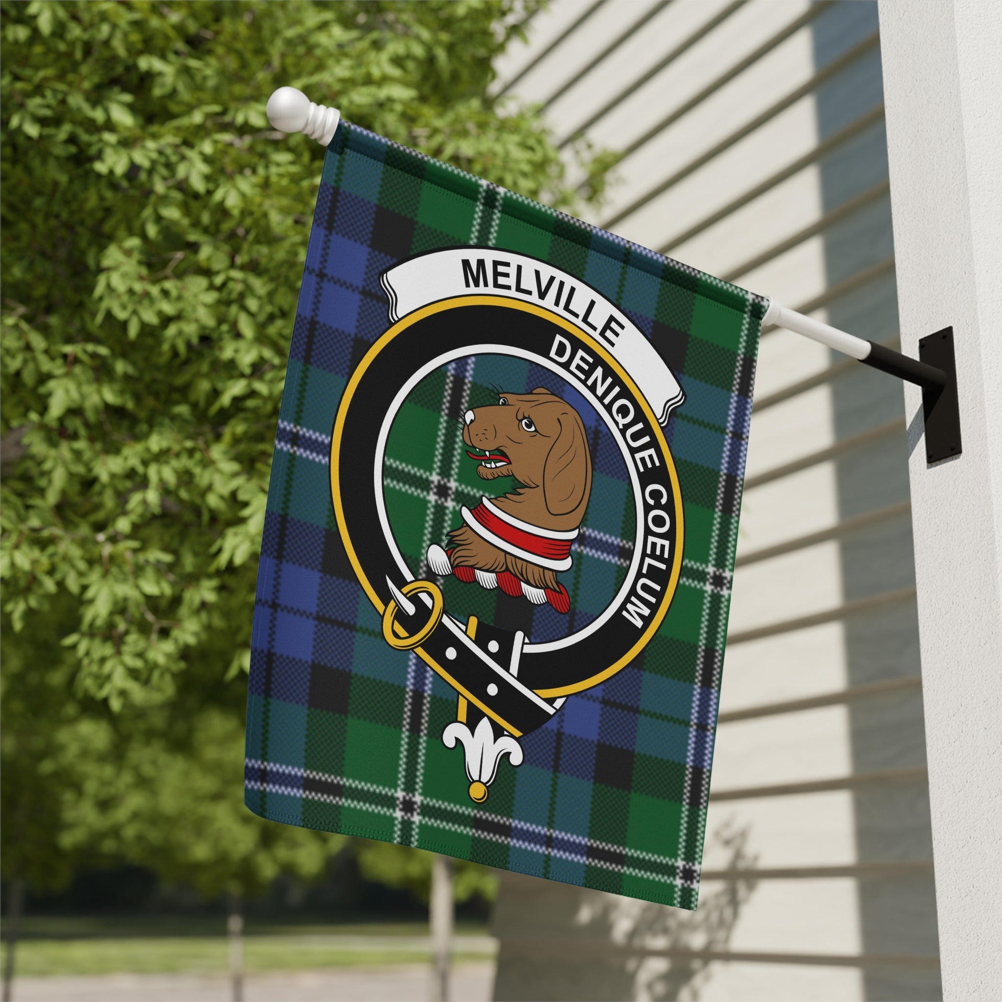 Melville clan Scottish tartan garden flag — celebrating the history, motto Denique Coelum, and Fife origins of Clan Melville, a distinguished Norman-descended Scottish Lowland family