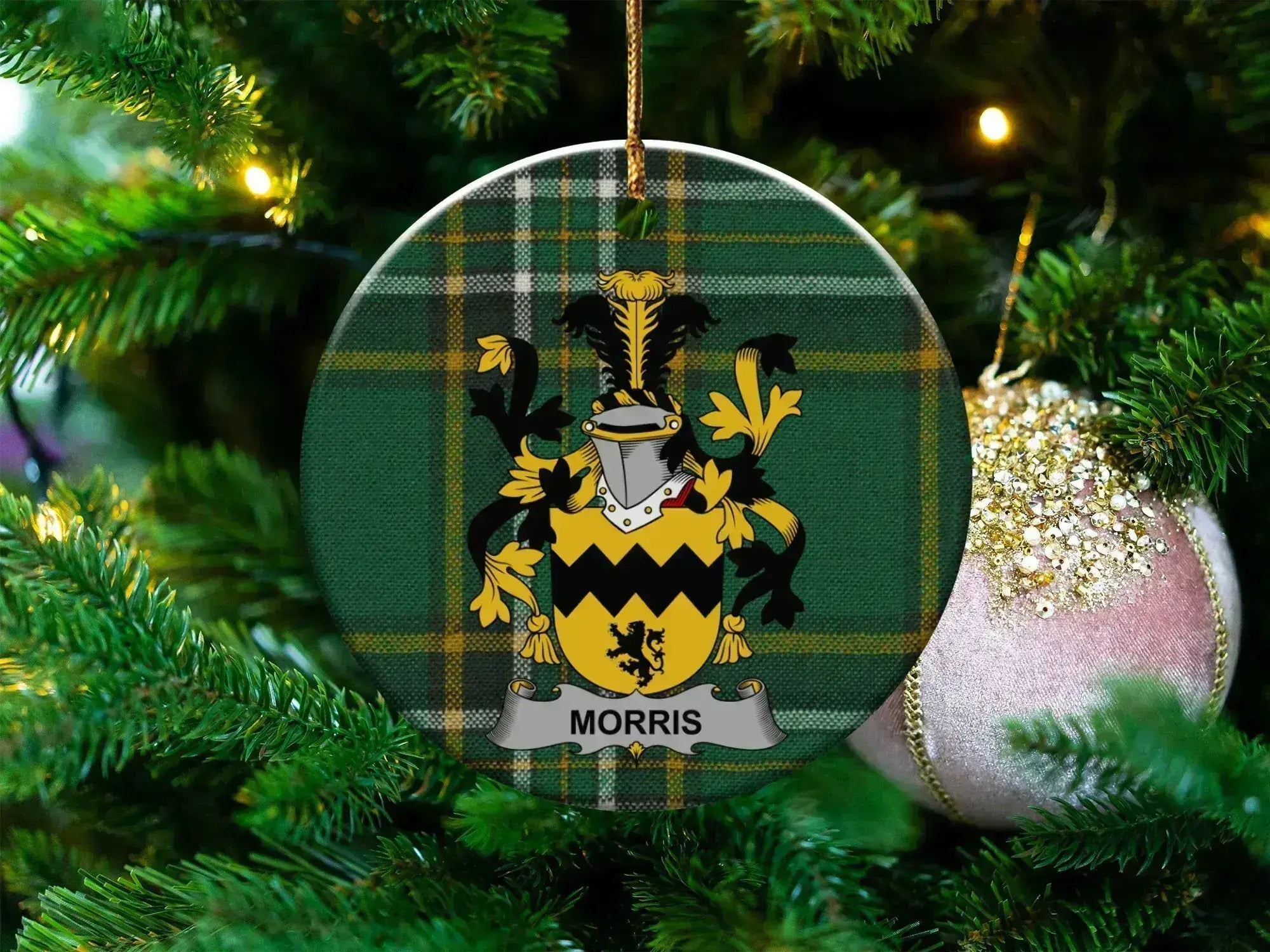 Morris family crest ornament on Irish tartan, celebrating Morris Tribes of Galway heritage
