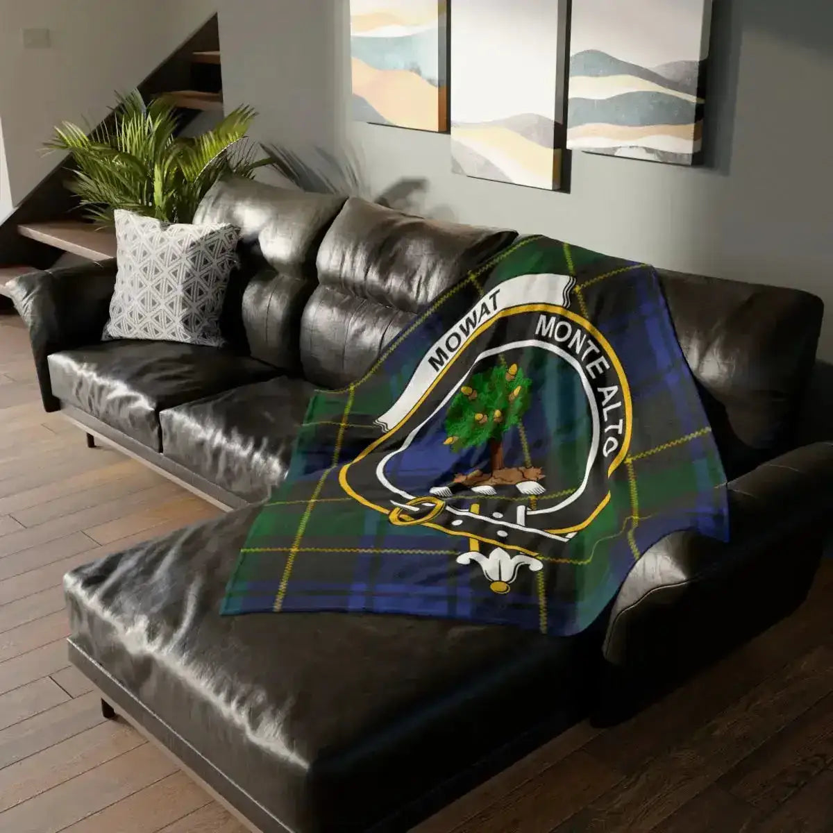 Clan Mowat history and Caithness origins, Mowat Clan Crest Tartan Throw Blanket from Celtic Ancestry Gifts.