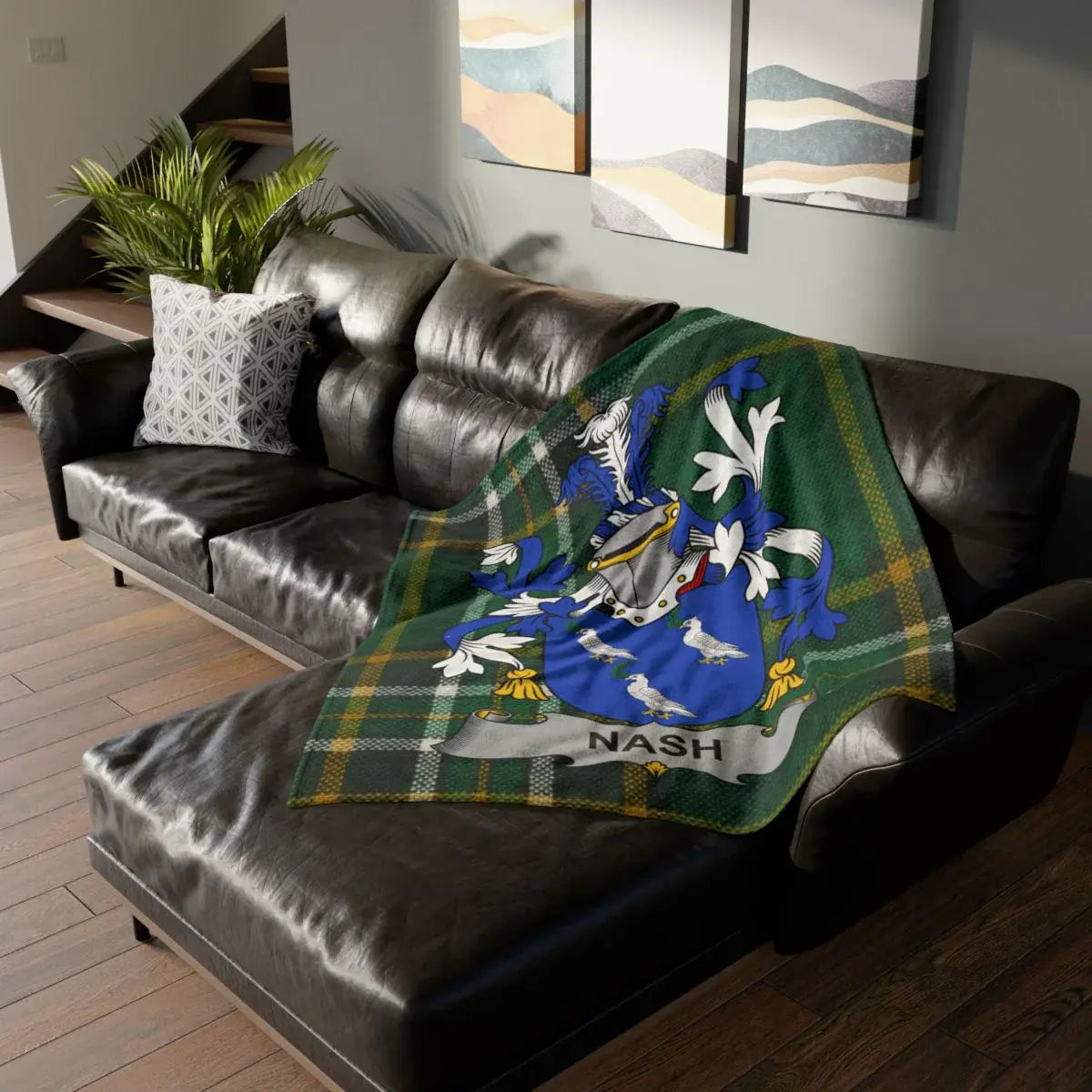Nash family woven blanket with a family crest on Irish tartan, celebrating Nash Limerick Munster heritage