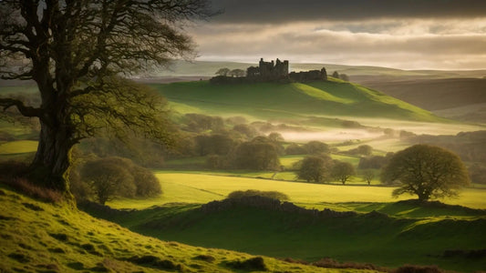 Dramatic Dumfriesshire landscape with rolling green hills, scattered trees, mist, and castle ruins
