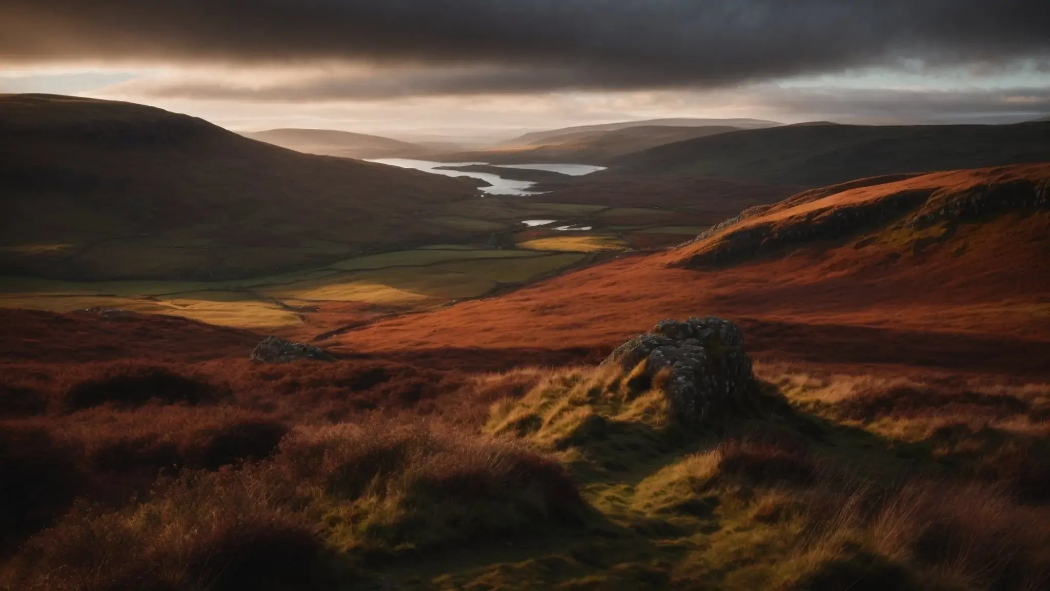 Dramatic Highland landscape with rolling hills, moorland, and a distant lake under moody skies