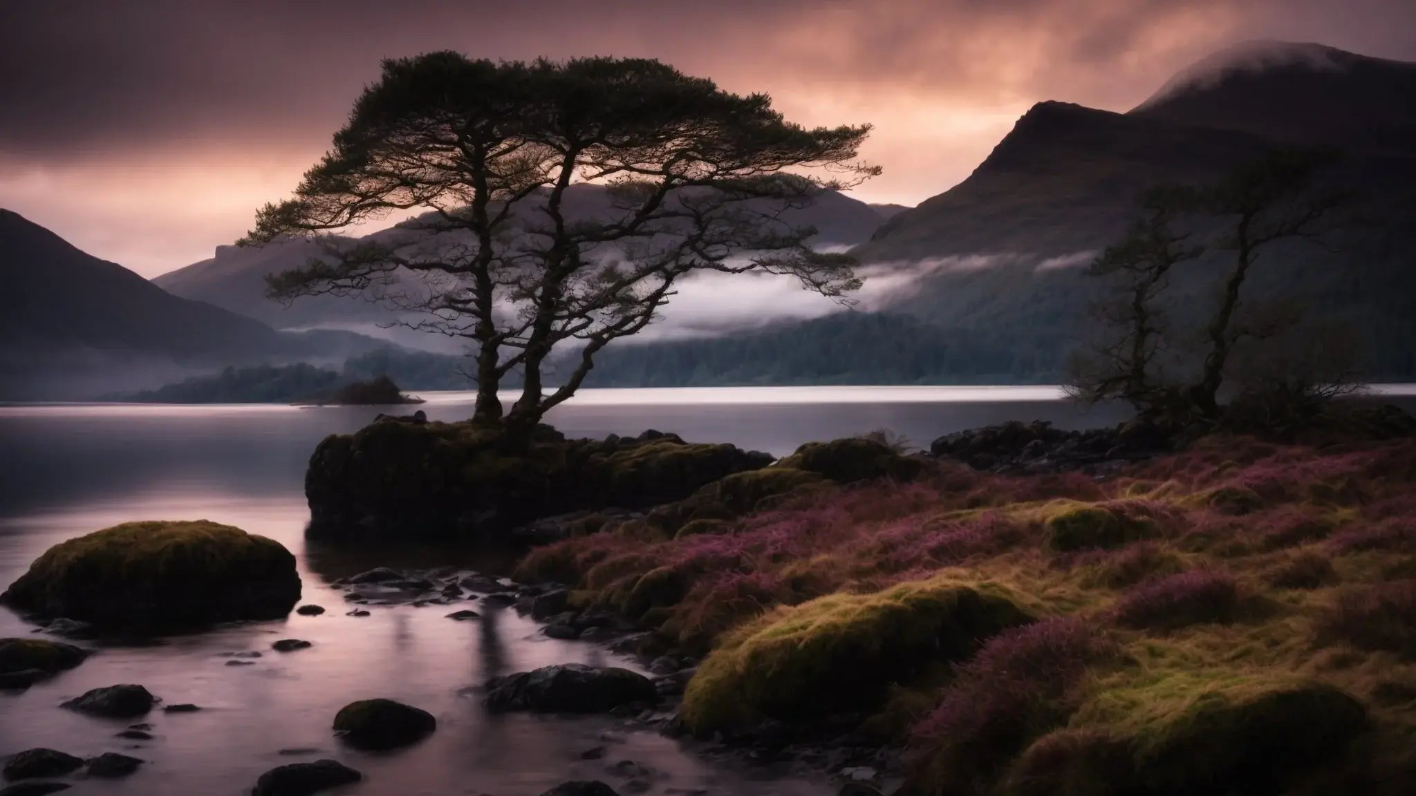 Misty Highland lake shore with silhouetted trees, purple moss, and mountain background at sunset