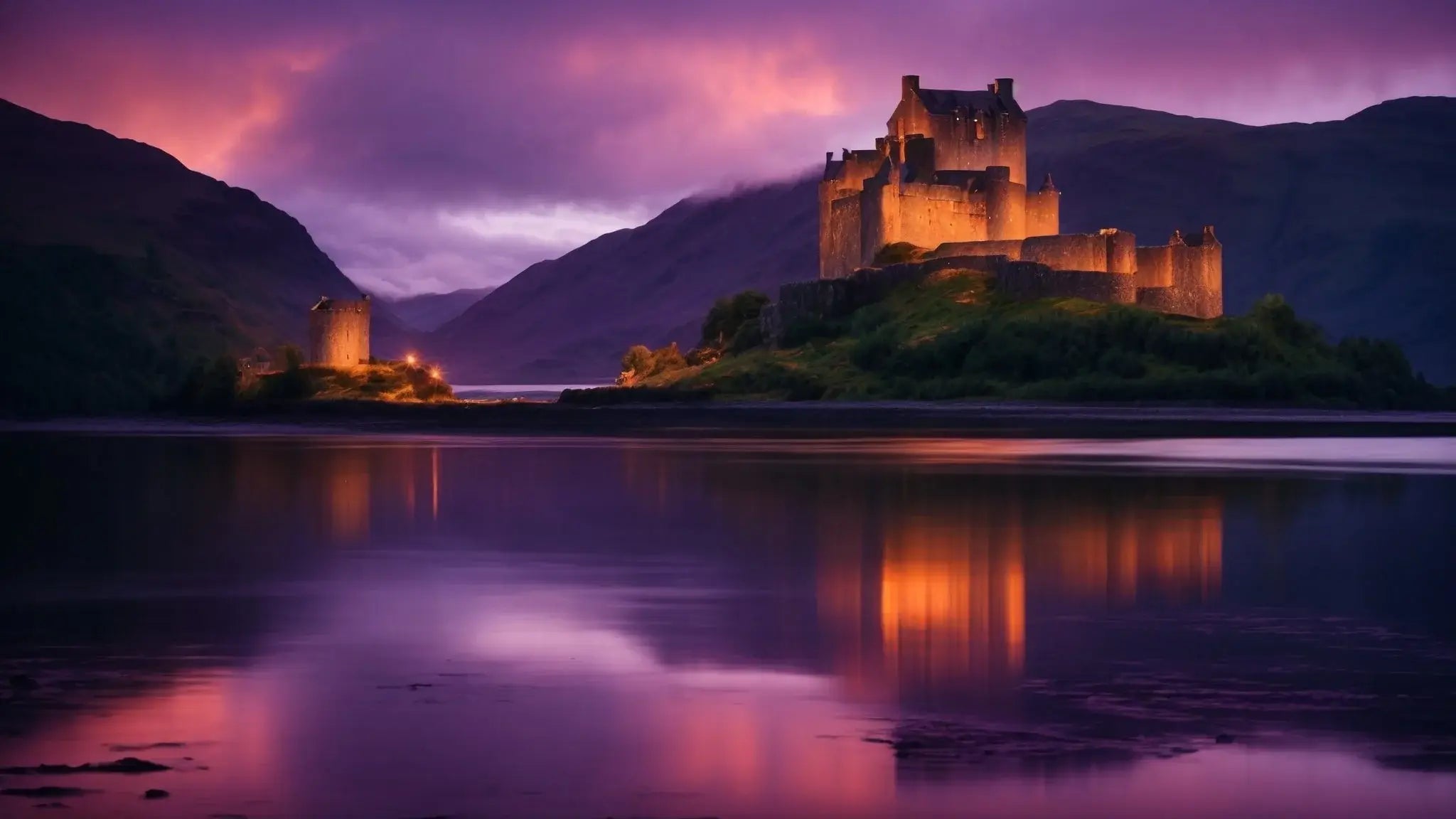 Eilean Donan Castle illuminated at twilight on Scottish Highlands with purple sky and calm water reflection