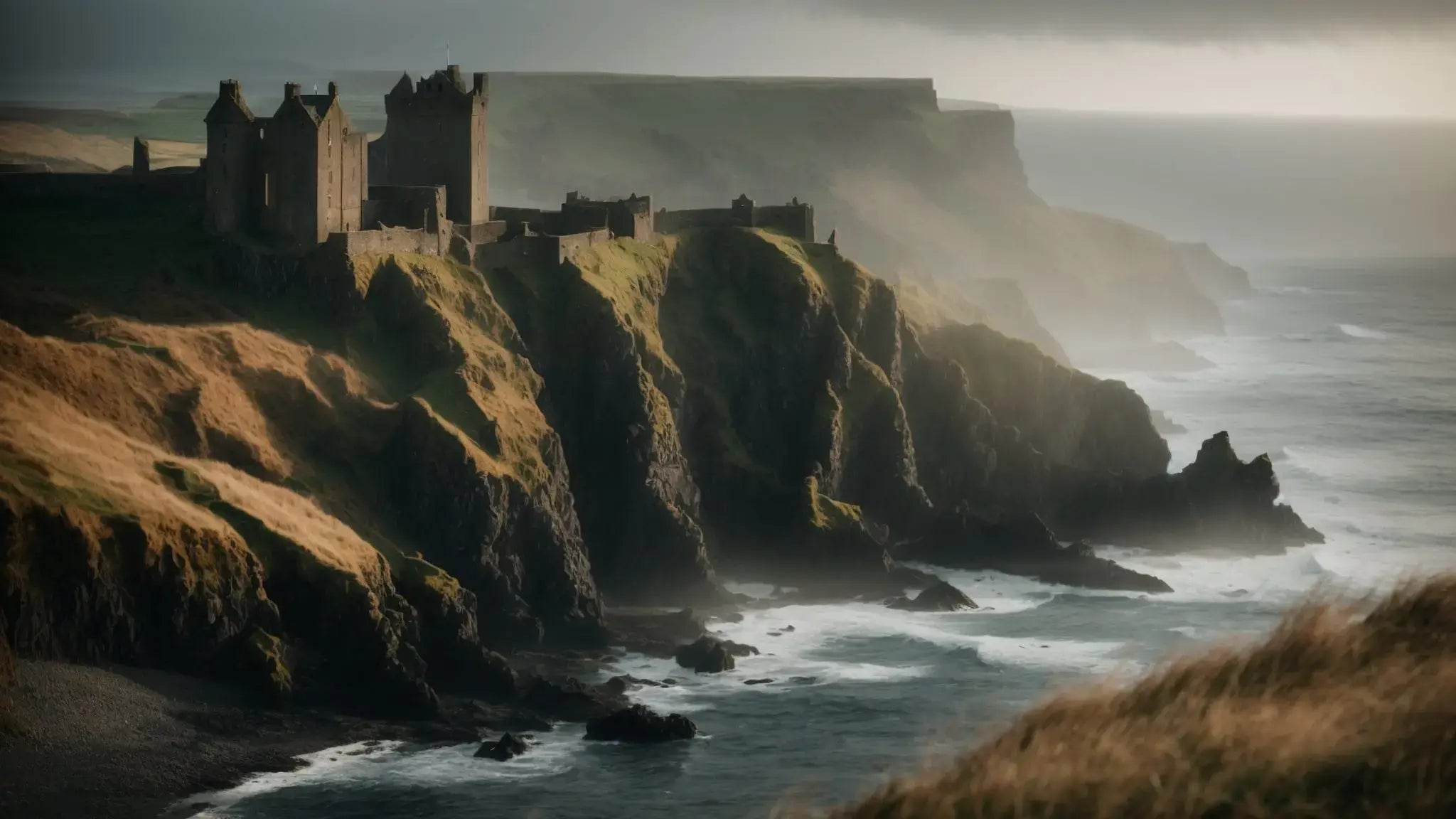 Illustrated cliff-top castle on Scotland’s north-east coast, evoking Dunnottar and Clan Keith history