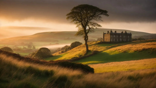 Sunrise over Scottish Lowland hills with solitary tree and historic stone manor house