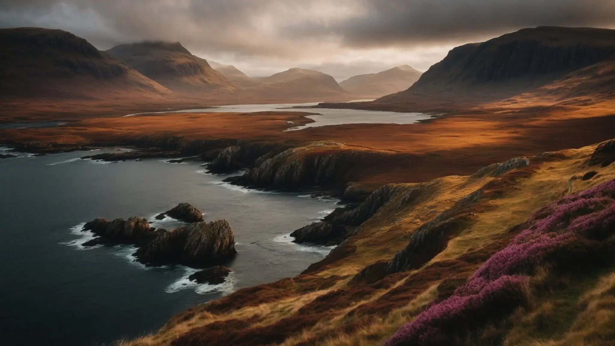 Dramatic West Highland Scottish coastline with rocky cliffs, moody skies, and autumnal heather landscape