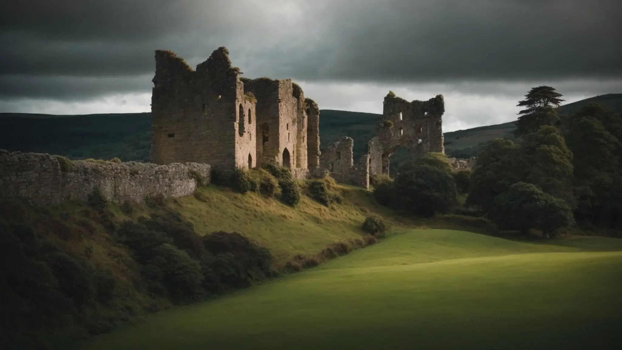 Dramatic distant view of ruined Kildrummy Castle in Scottish countryside under dark moody sky