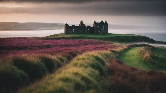 Early morning mist surrounds a historic Scottish castle ruin on a green hill with vibrant purple heather fields