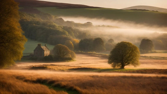 Early morning mist over golden fields and trees in Angus near Brechin, Scotland with a stone house