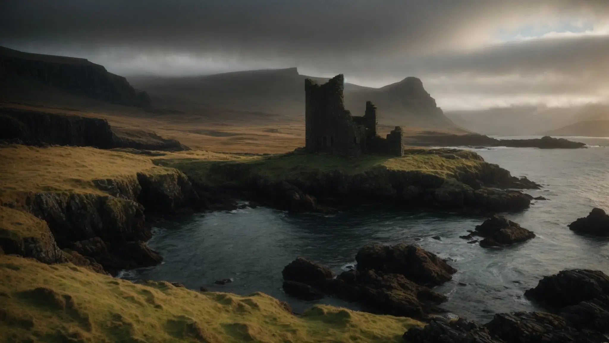Historic Scottish coastal ruins on a rugged cliff by dark waters under moody cloudy sky