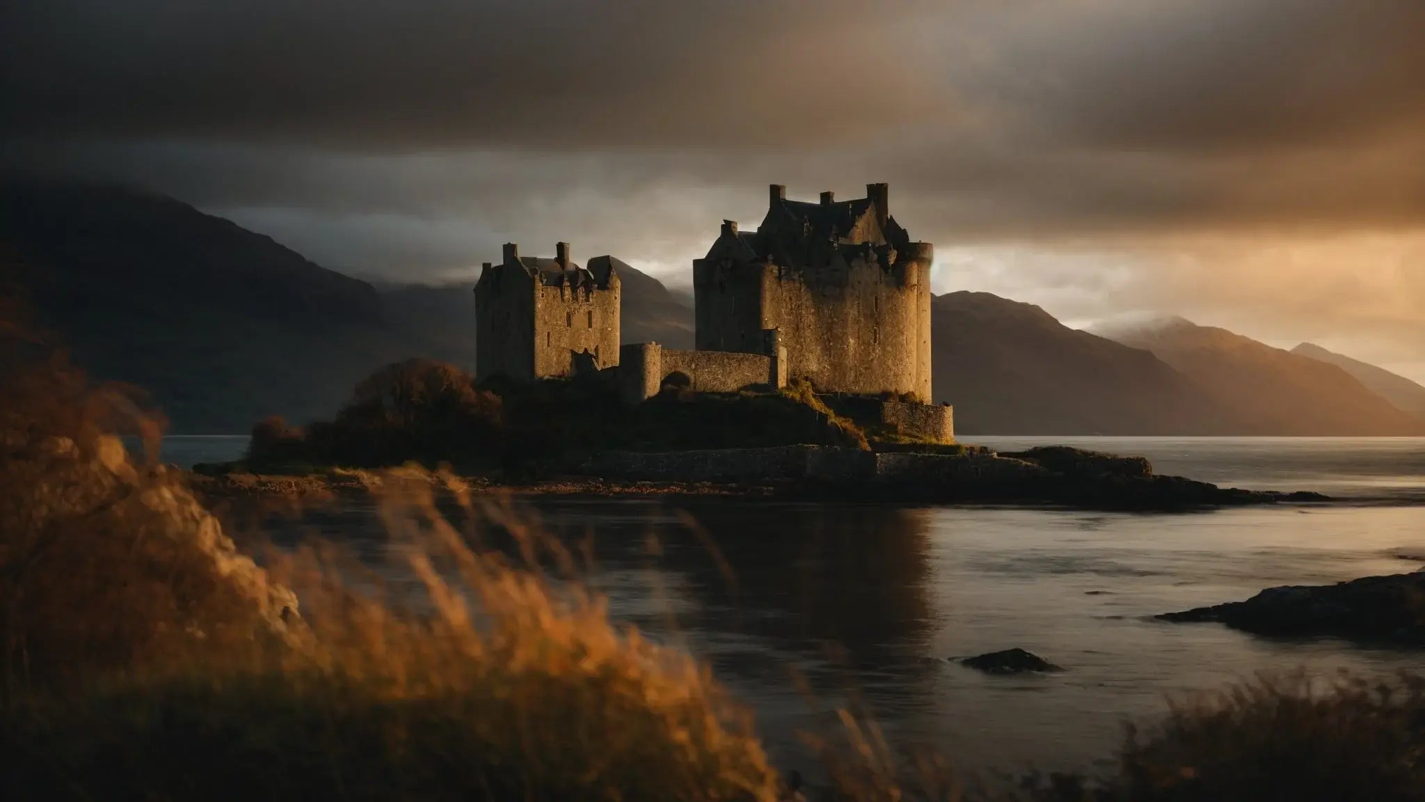 Dramatic view of Eilean Donan Castle on a small island in Scottish Highlands at sunset