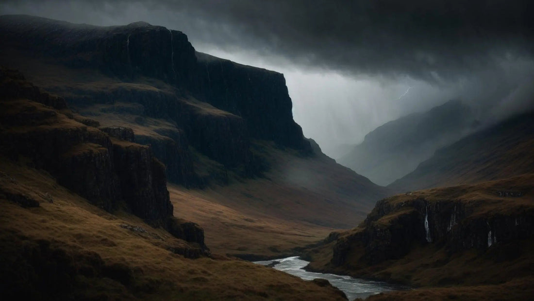 Dramatic Scottish Highlands landscape with steep cliffs, river valley, and dark stormy clouds