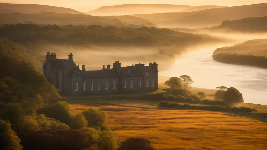 Grand Scottish estate by the river surrounded by misty hills and golden fields at sunrise