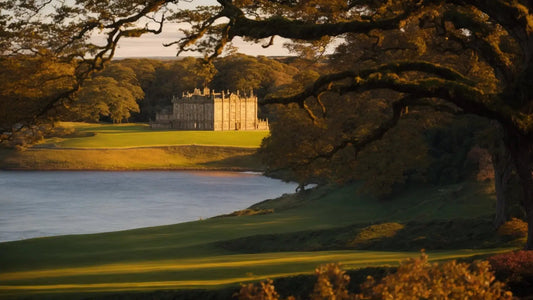 Hopetoun House mansion near South Queensferry at sunset with lake, lush green lawns, and large tree branches