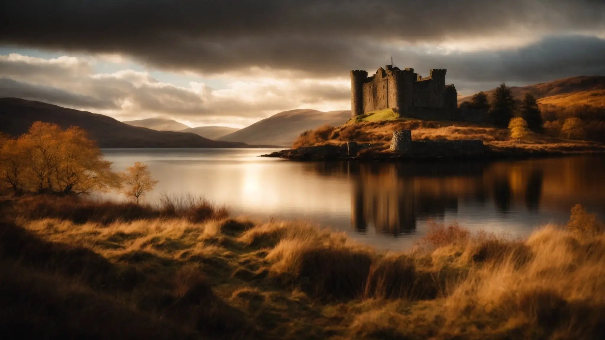 Dramatic view of Old Castle Lachlan ruins by serene lake, surrounded by autumn trees and rolling hills under moody sky