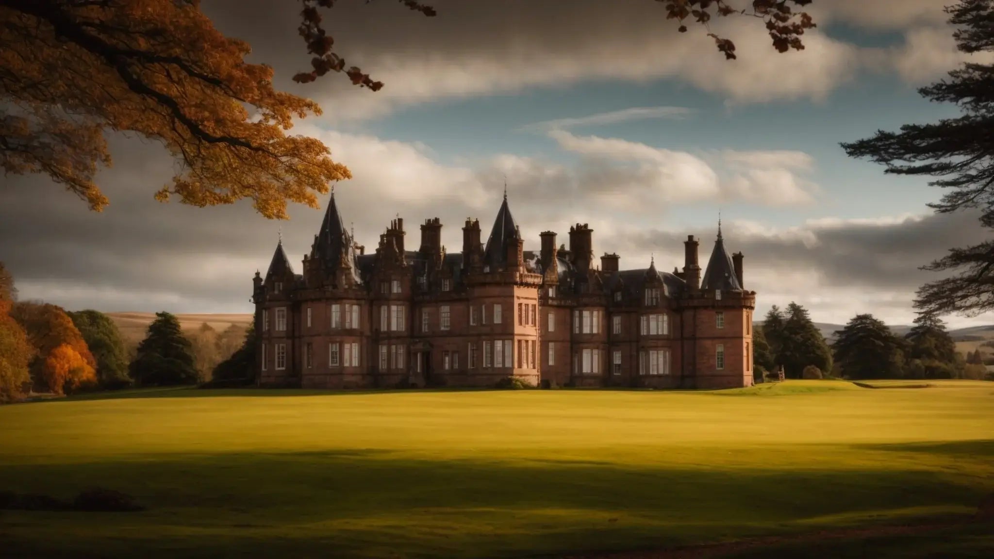 Thirlestane Castle surrounded by green lawn and autumn trees under cloudy sky, Scottish heritage landmark