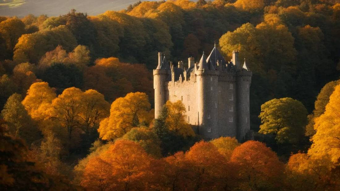 Drum Castle in Aberdeenshire surrounded by autumn trees and Clan Irvine banners under warm evening light, representing Irvine heritage.