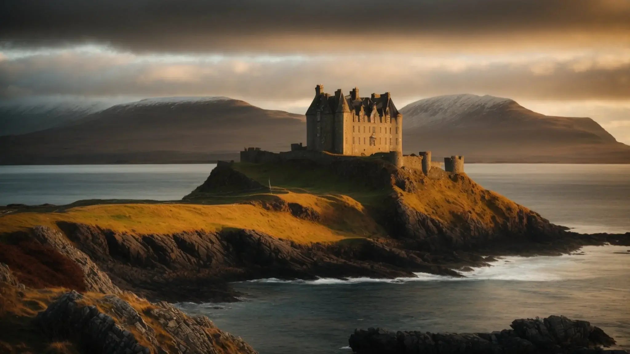 Historic Duart Castle on rocky shore with ocean and mountains under dramatic cloudy sky