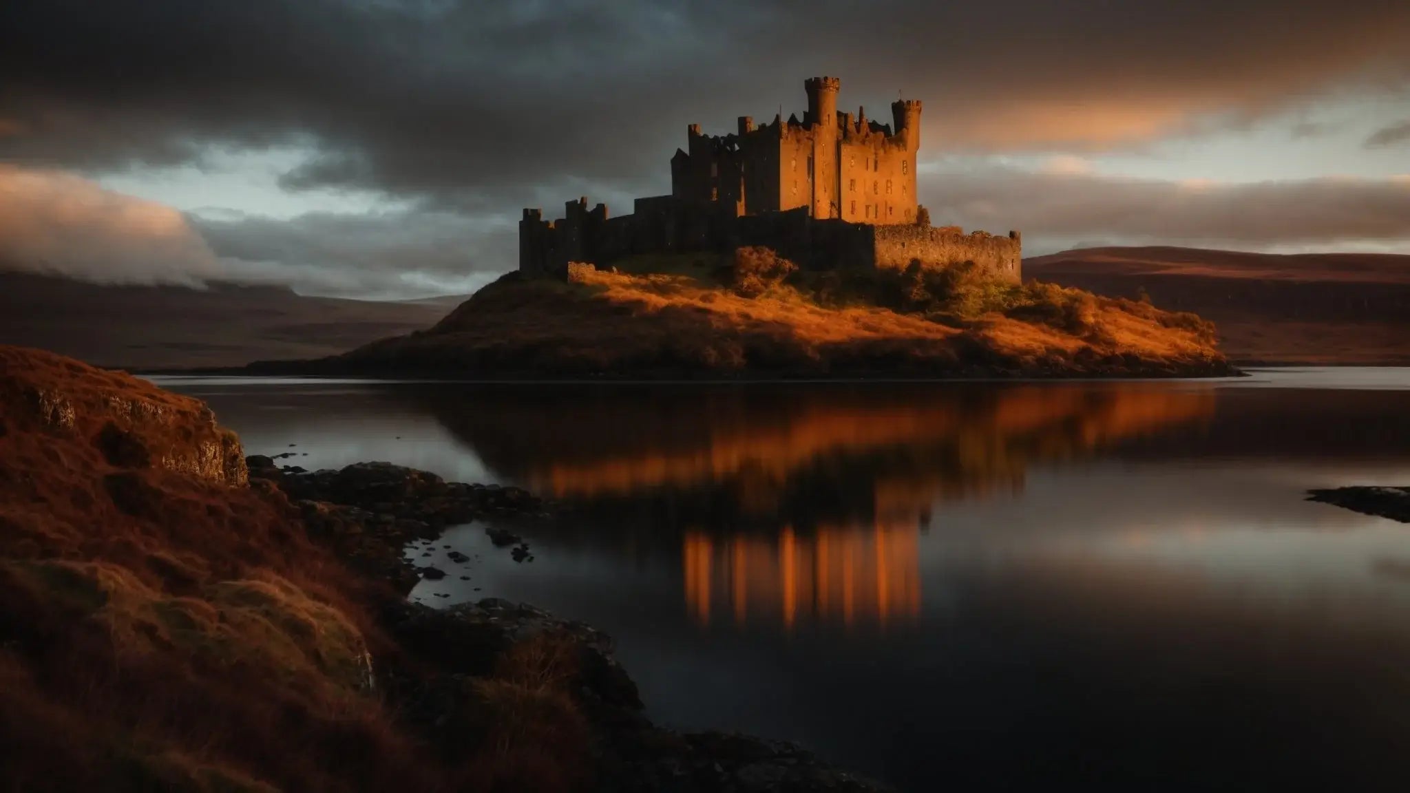 Dunvegan Castle on Isle of Skye at sunset with dramatic sky and water reflection