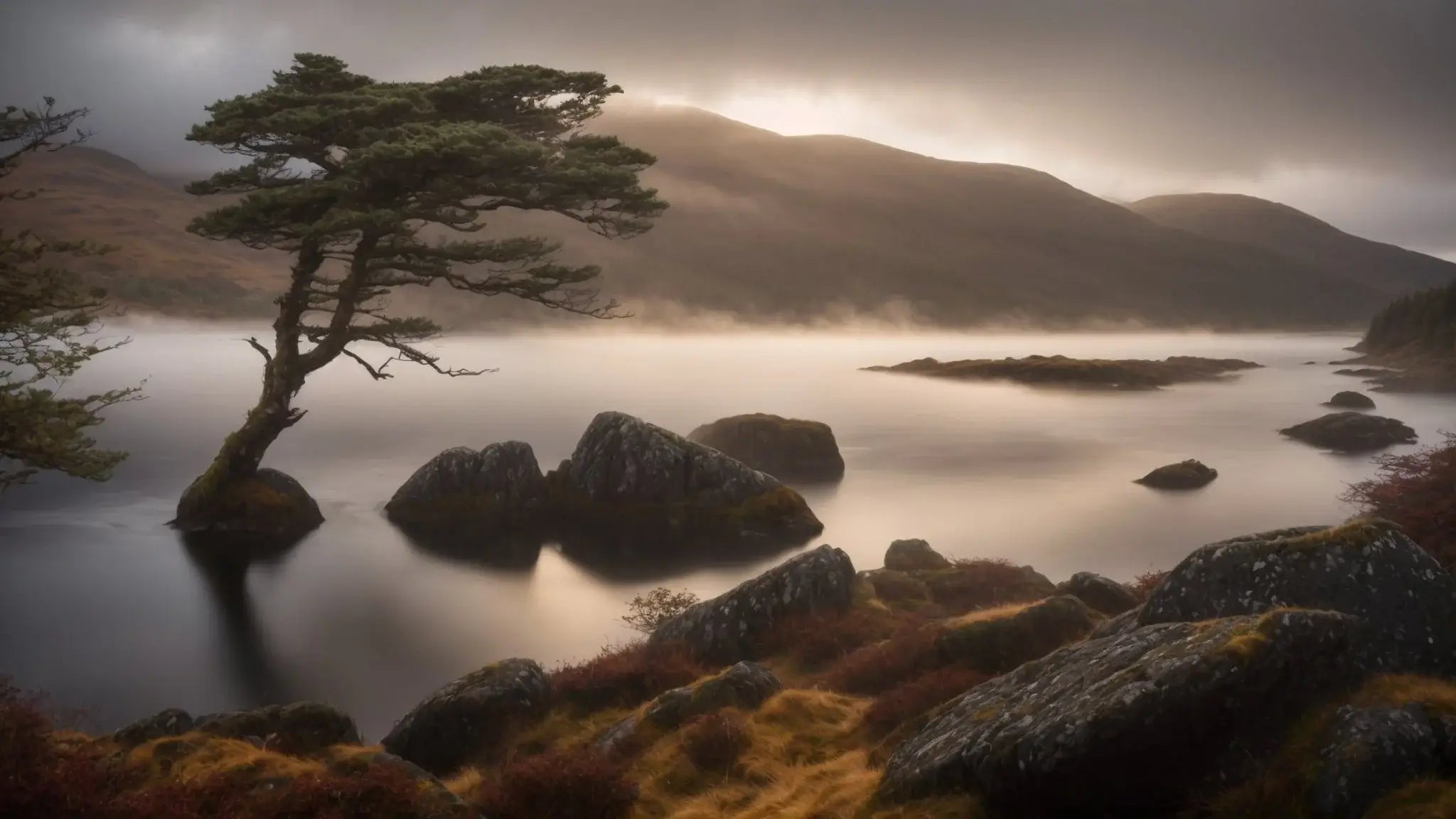 Misty Scottish landscape with lone pine tree, rocky loch, and rolling hills in soft light