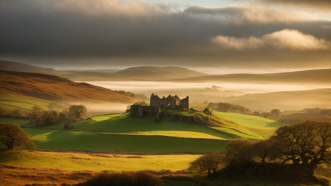Misty Scottish Lowland hills with the ruins of Craigend Castle and a fluttering Inglis tartan banner under soft morning light.